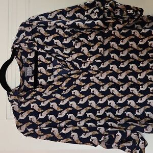 Navy and White Button Up Top, 3/4 Sleeves, Parrot Design, Sz M